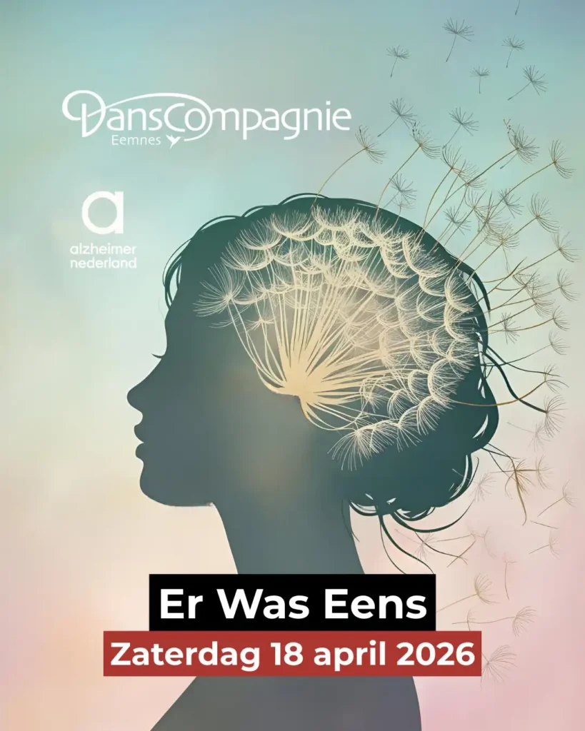 Silhouet van een vrouw met paardenbloem-achtige vormen in het hoofd die vervagen, als symbool voor herinneringen en Alzheimer, met aankondiging van benefietvoorstelling ‘Er was eens’.